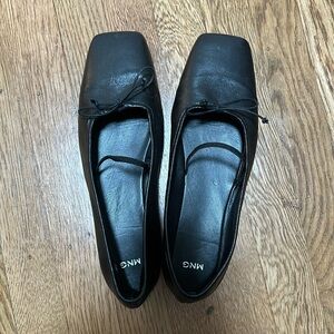 Black leather Mango square toe ballet flats